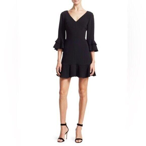 Cinq A Sept Dominique Mini Black Dress Ruffle V Neck Size 6 - Picture 3 of 11